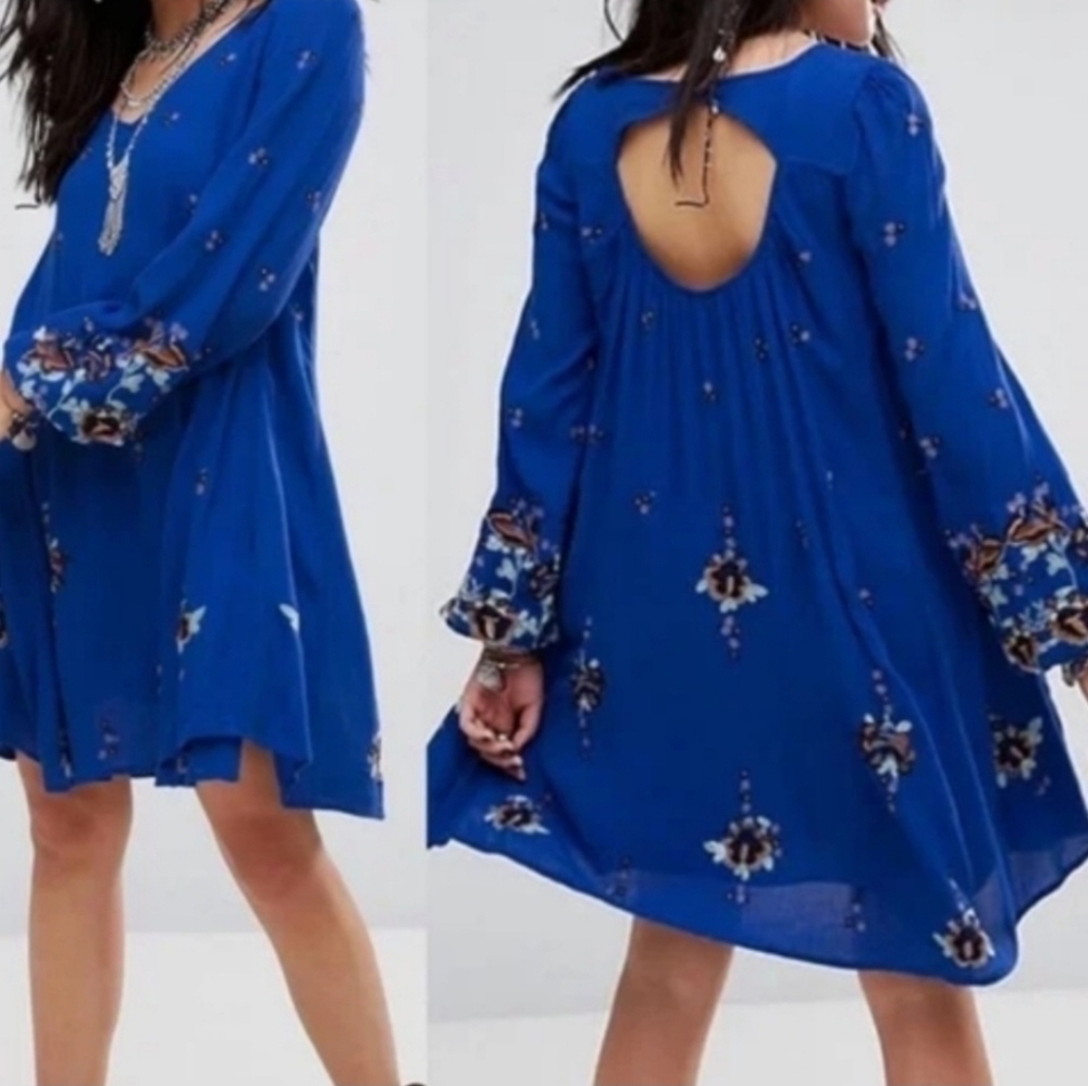 Free People Women's Boho Blue Oxford Embroidered Balloon Sleeve Dress Size S - Picture 16 of 16